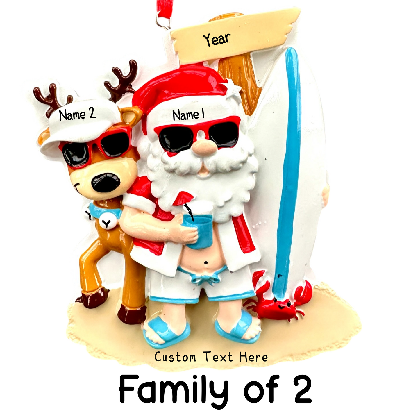 Surfing Santa & Reindeer Christmas July Ornament Personalised Family Decoration