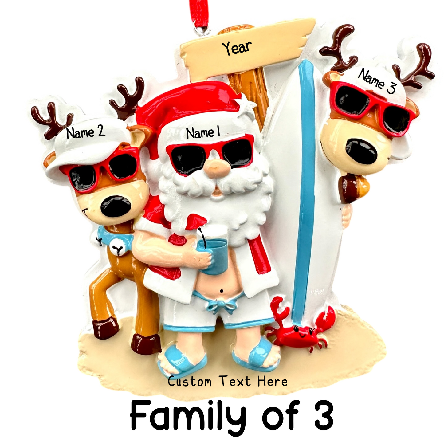 Surfing Santa & Reindeer Christmas July Ornament Personalised Family Decoration