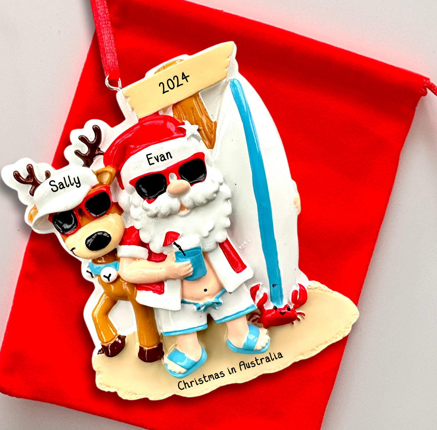Surfing Santa & Reindeer Christmas July Ornament Personalised Family Decoration