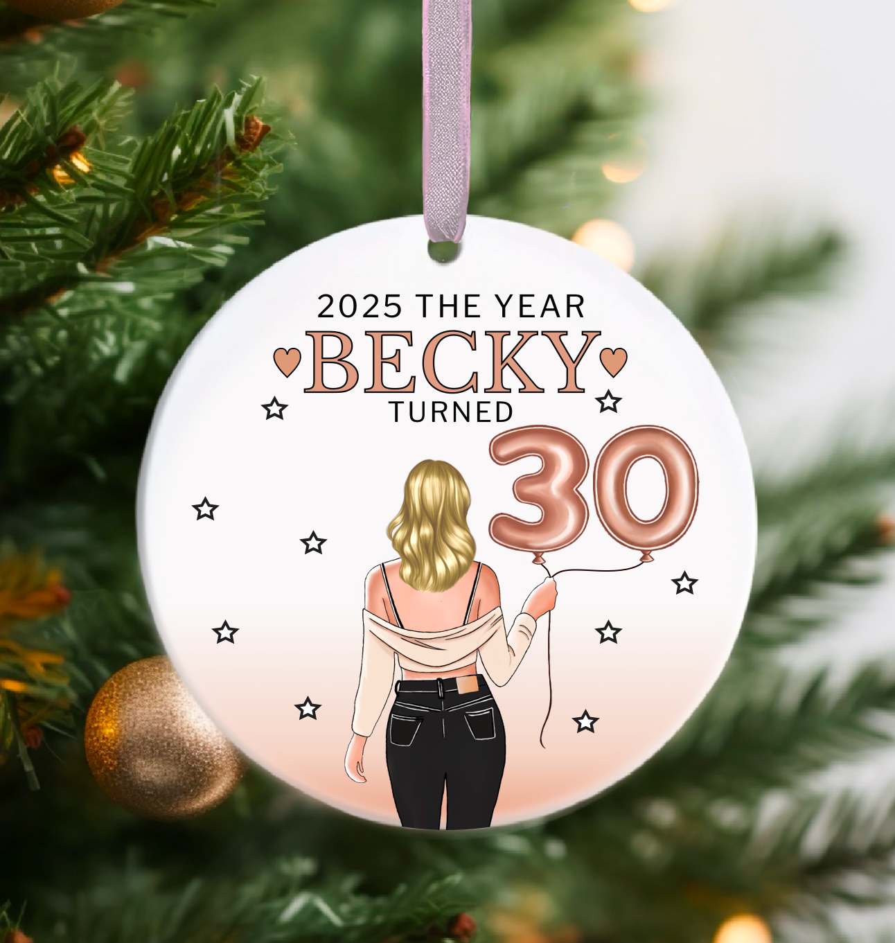 Personalised Age Birthday with Stars Christmas Tree Bauble/Ornament 21st 30th 40th 50th 60th 70th 80th Gift