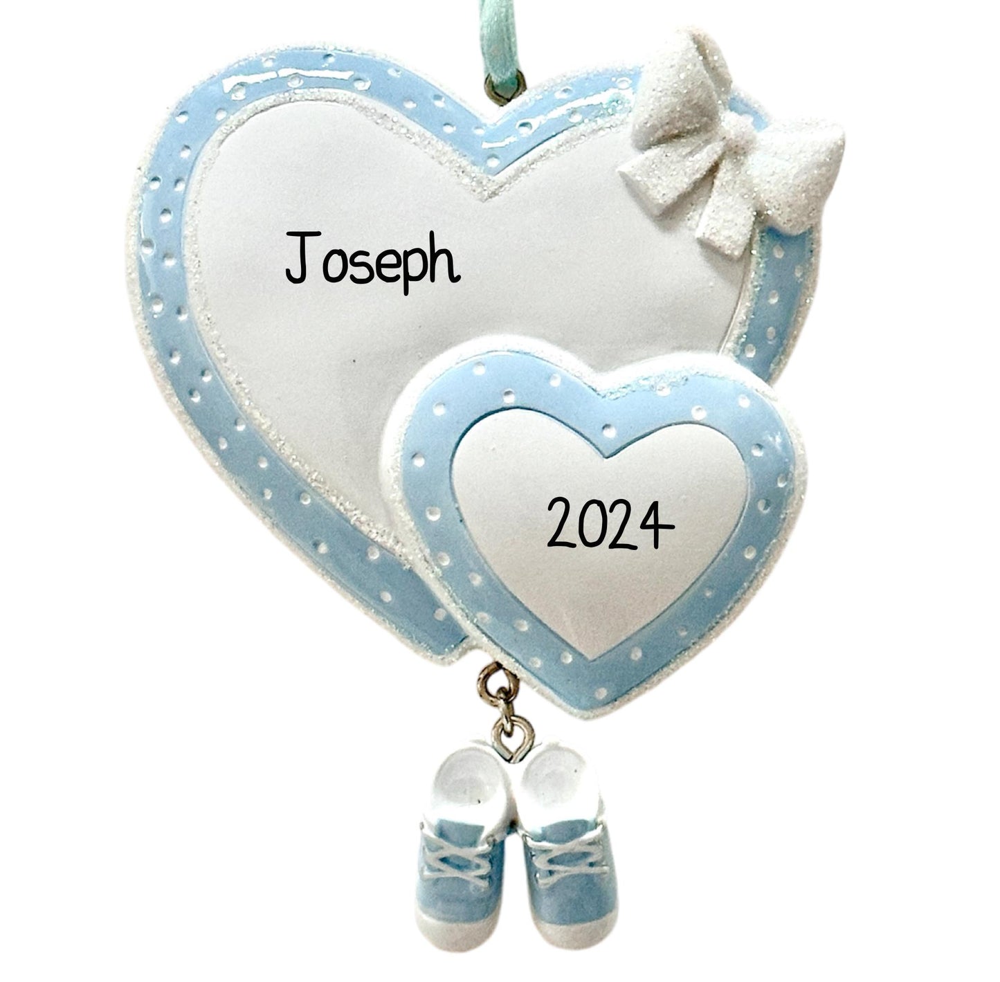 Personalised Baby’s First Christmas Heart Blue Ornament Boy