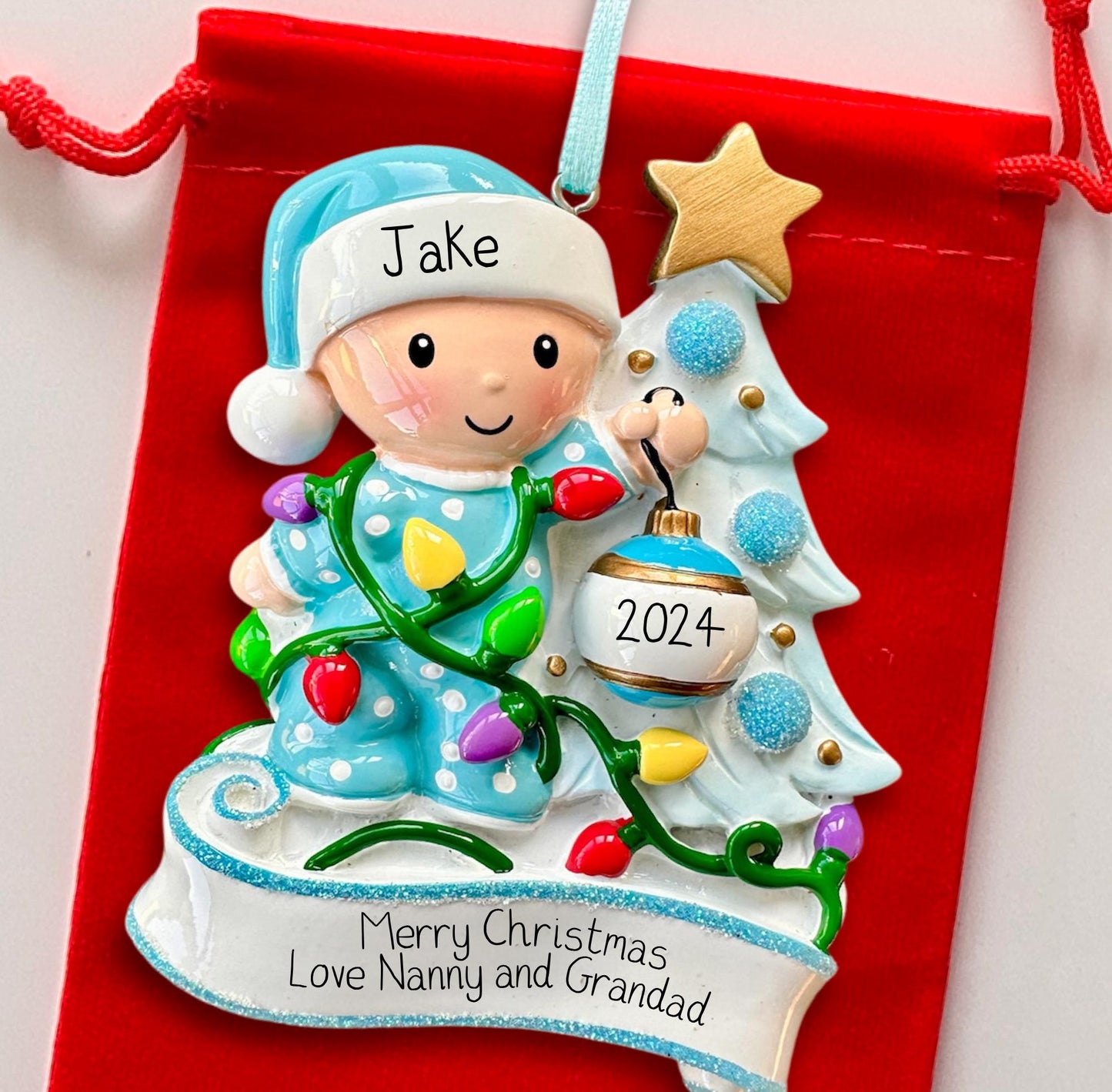 Personalised Baby’s First Christmas Tree Ornament - Blue