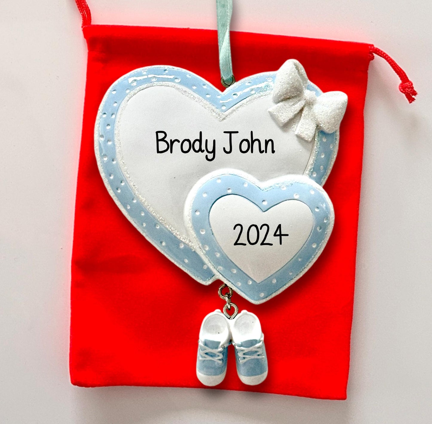 Personalised Baby’s First Christmas Heart Blue Ornament Boy