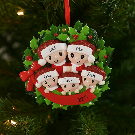Personalised Wreath Family Christmas Ornament – Choose 2, 3, 4, 5 or 6 Characters