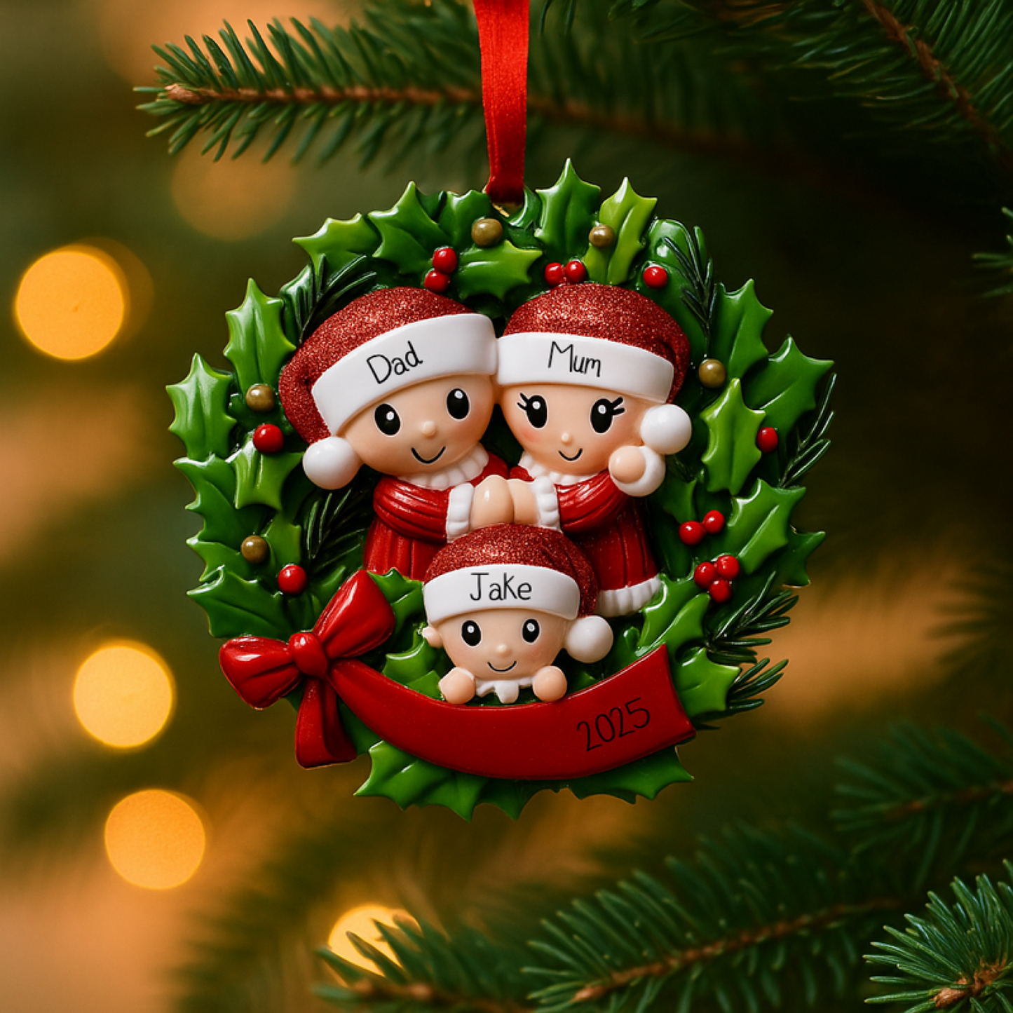 Personalised Wreath Family Christmas Ornament – Choose 2, 3, 4, 5 or 6 Characters