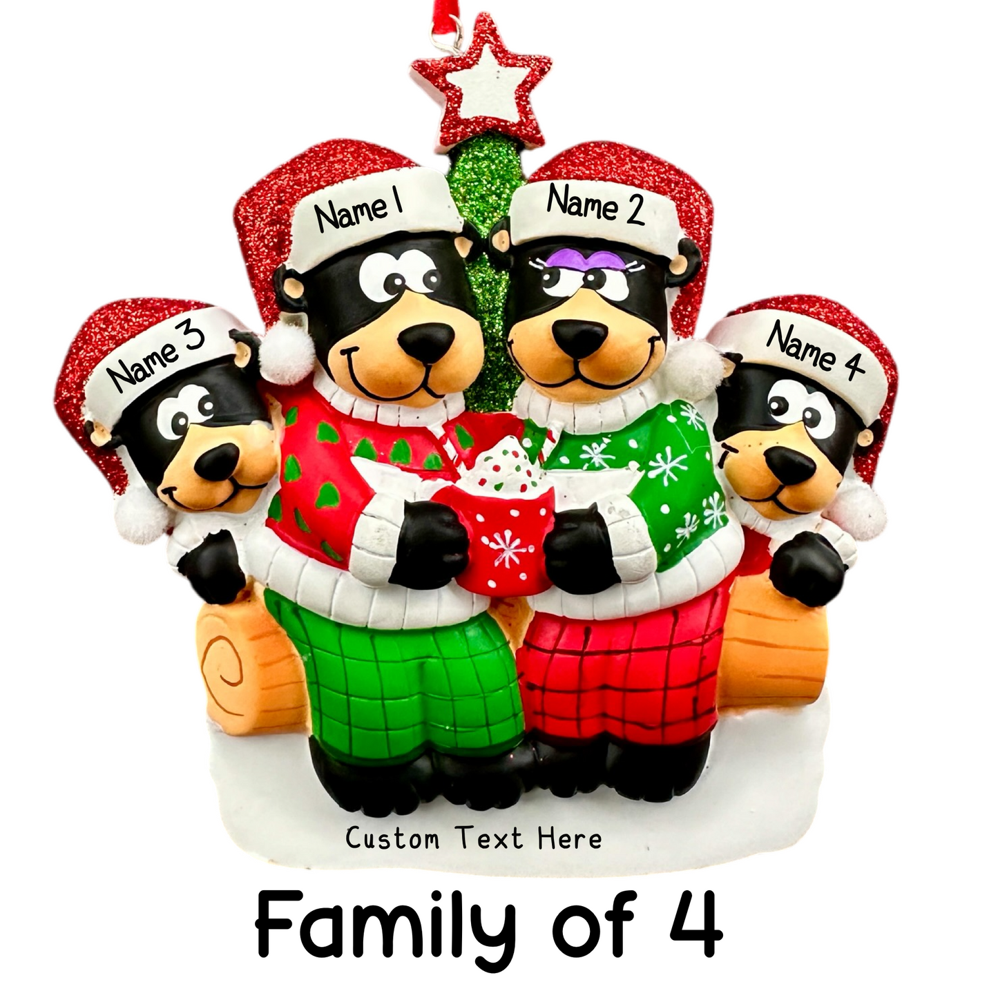 Black Bear Family with Hot Chocolate Christmas Tree Personalised Family Decoration of 2,3,4,5,6