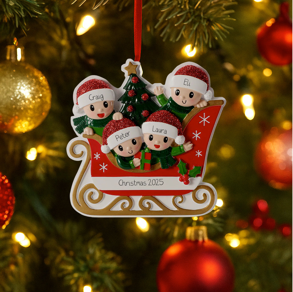 🎄 Personalised Sleigh Family Christmas Ornament – Choose 3, 4, or 5 Characters! 🎅✨