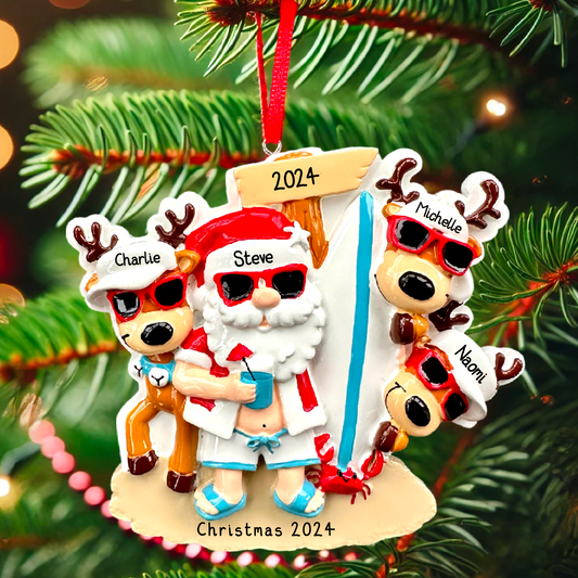 Surfing Santa & Reindeer Christmas July Ornament Personalised Family Decoration