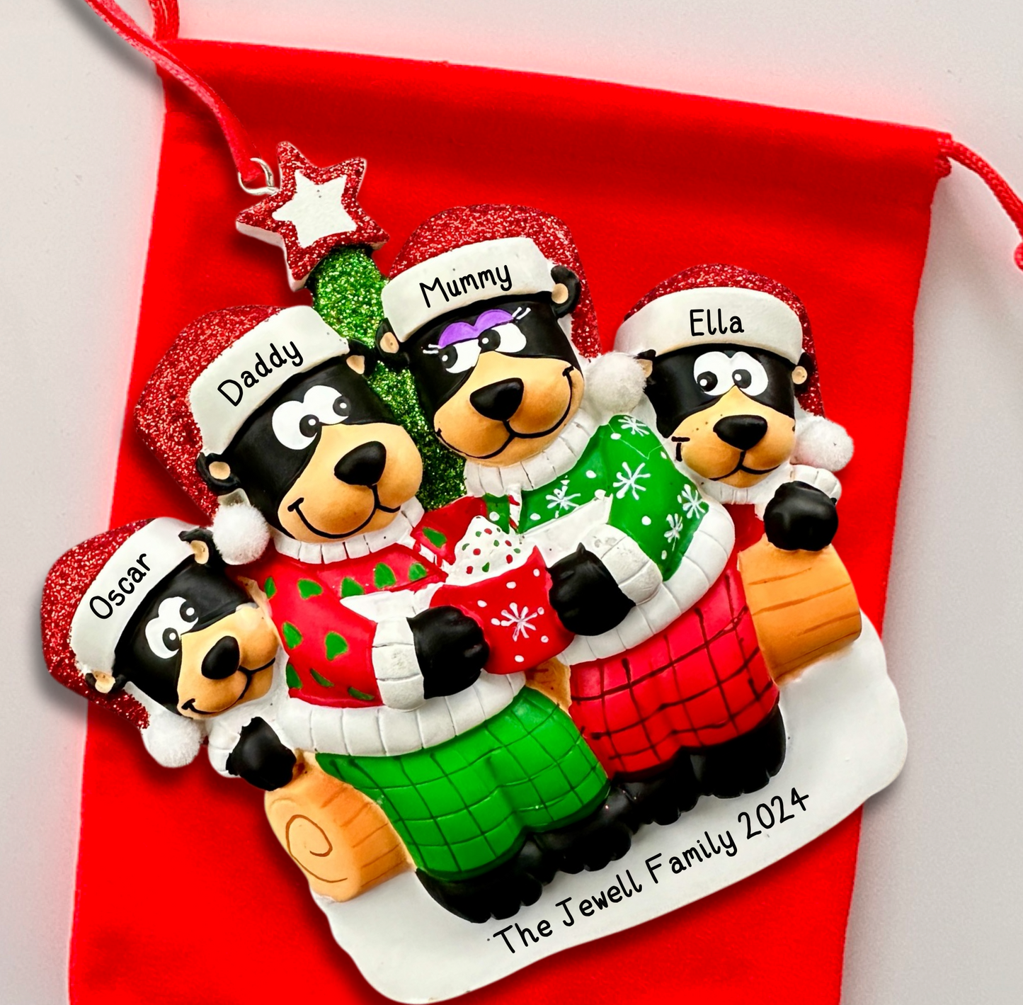 Black Bear Family with Hot Chocolate Christmas Tree Personalised Family Decoration of 2,3,4,5,6