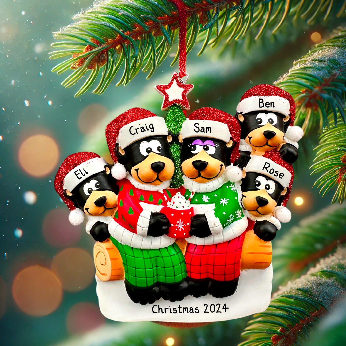 Black Bear Family with Hot Chocolate Christmas Tree Personalised Family Decoration of 2,3,4,5,6