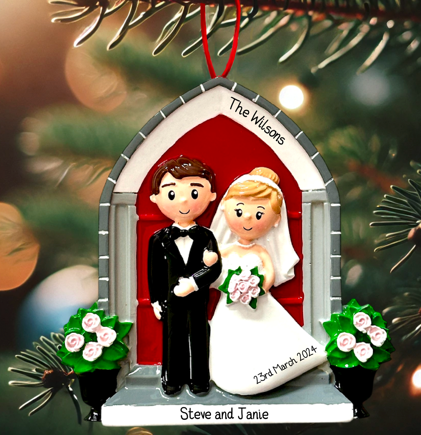 Husband & Wife Just Married Church Door Wedding Ornament Bauble