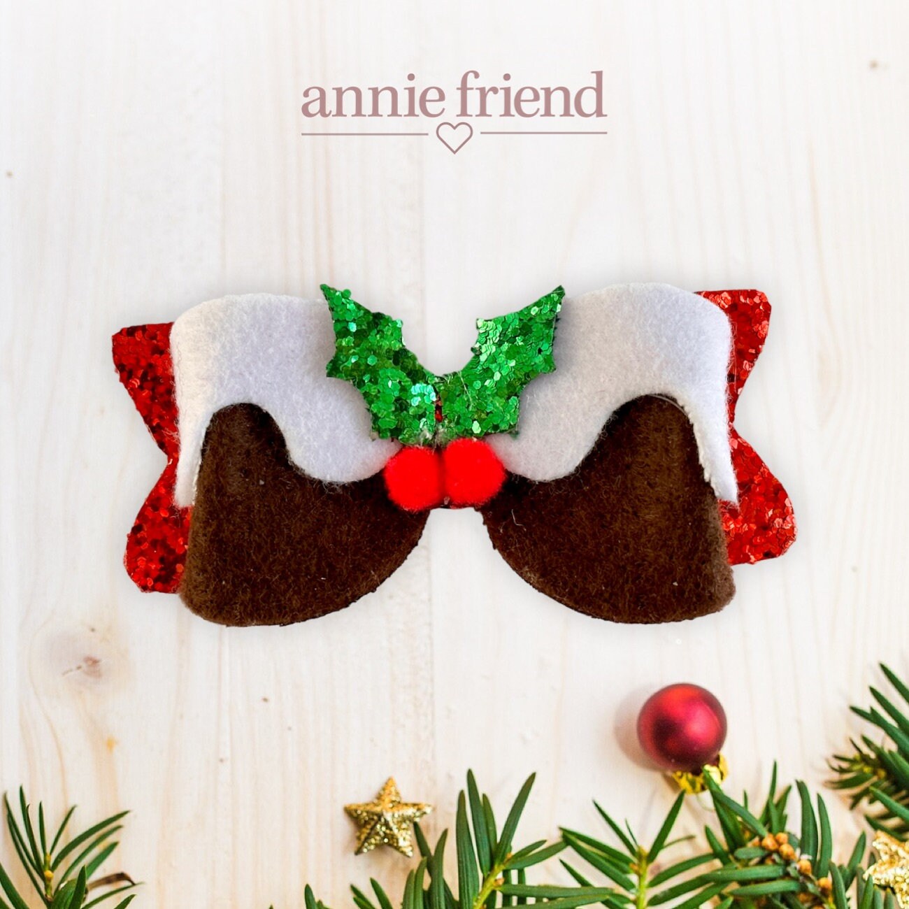 Christmas (Figgy) Pudding Christmas Xmas Holly Glitter Hair Bow