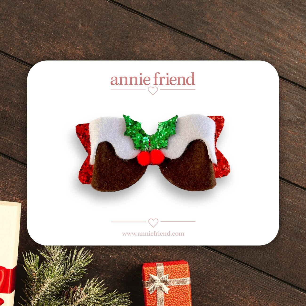 Christmas (Figgy) Pudding Christmas Xmas Holly Glitter Hair Bow