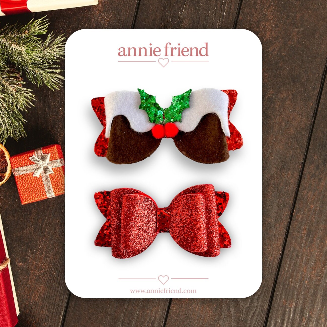 Christmas (Figgy) Pudding Christmas Xmas Holly Glitter Hair Bow