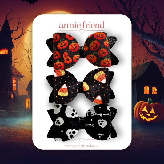 Halloween Pumpkin (Jack-o lantern) Skeleton Medium Sized Glitter Hair Bows 3 Pack