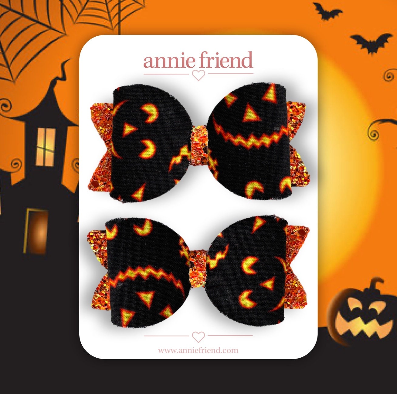 Halloween Pumpkin (Jack-o lantern) Skeleton Medium Sized Glitter Hair Bows 3 Pack