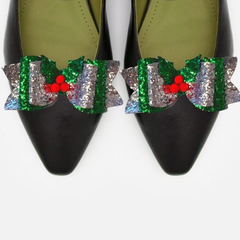 Clip on Sparkly Christmas Holly Shoe Bows