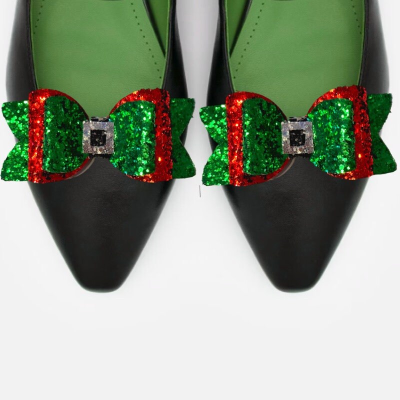 Clip on Sparkly Christmas Elf Shoe Bows