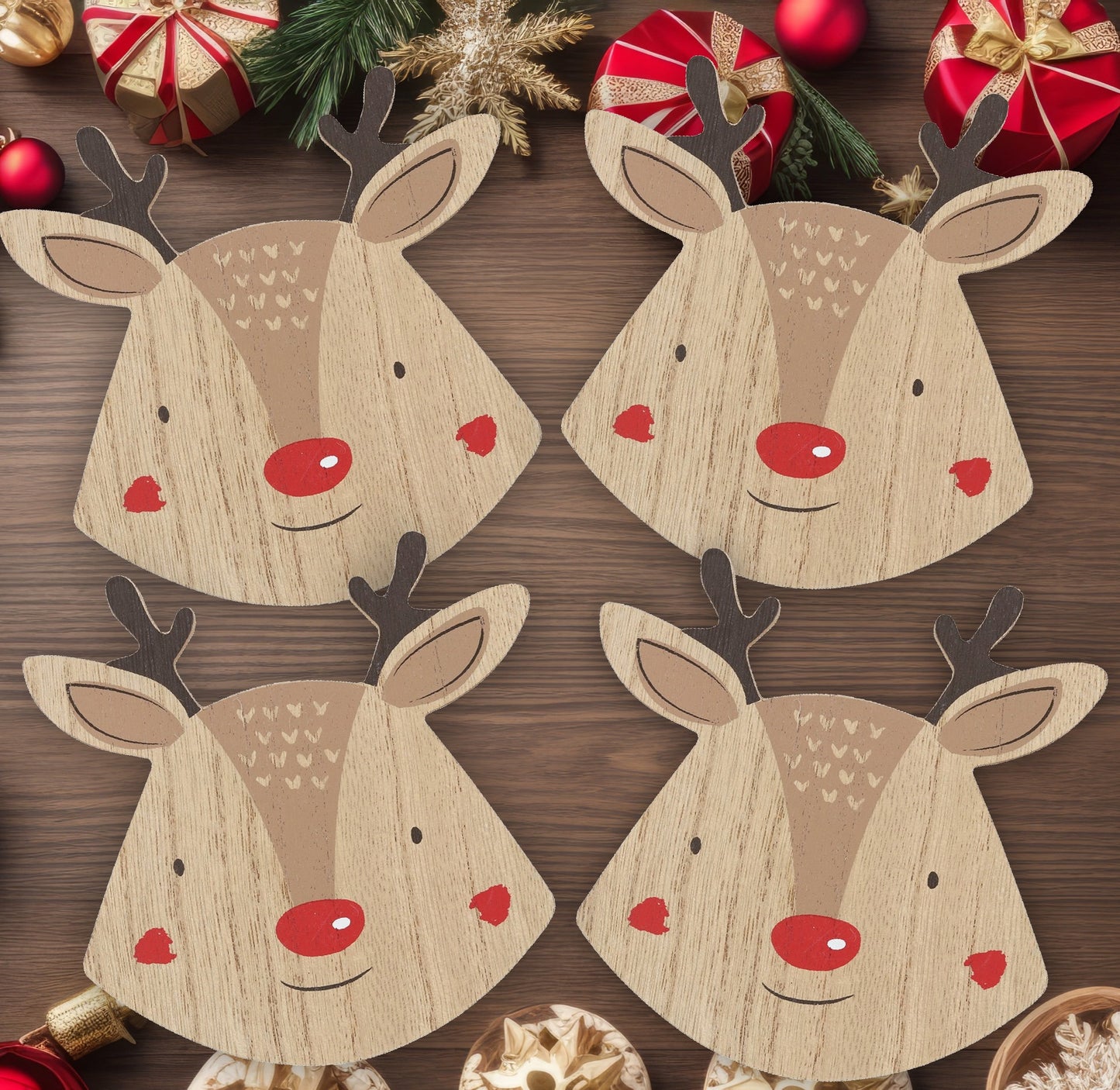 Christmas Reindeer Coaster Set | Xmas Festive Coffee Tea Coasters Rudolph Santa