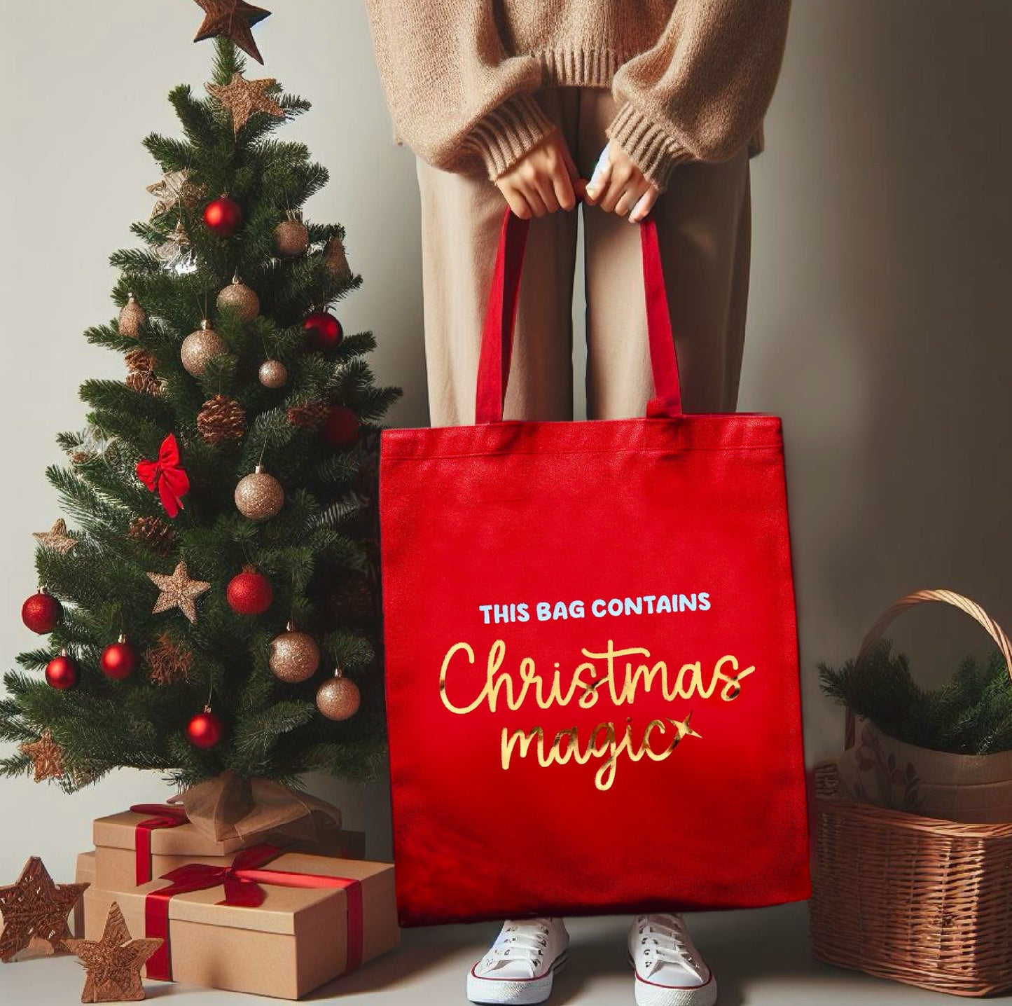 This Bag Contains Christmas Magic Heavy Duty Large Red Cotton Tote Bag