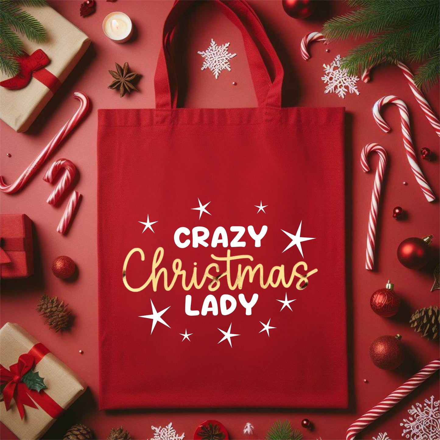 Crazy Christmas Lady Red Green Black Shopping Tote Bag