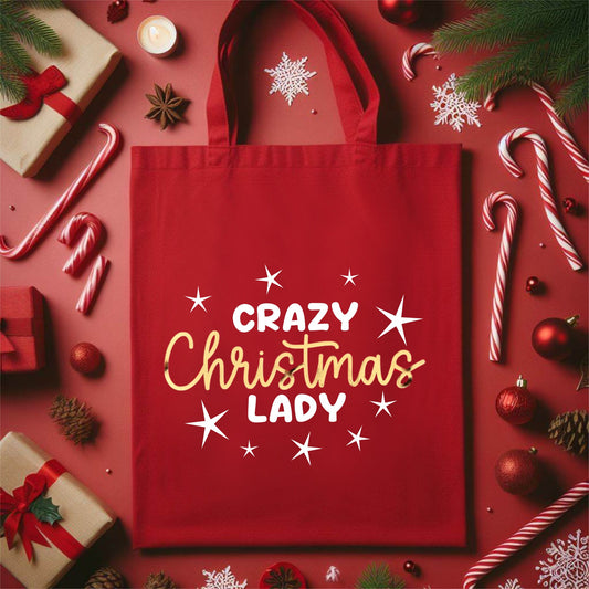 Crazy Christmas Lady Red Green Black Shopping Tote Bag