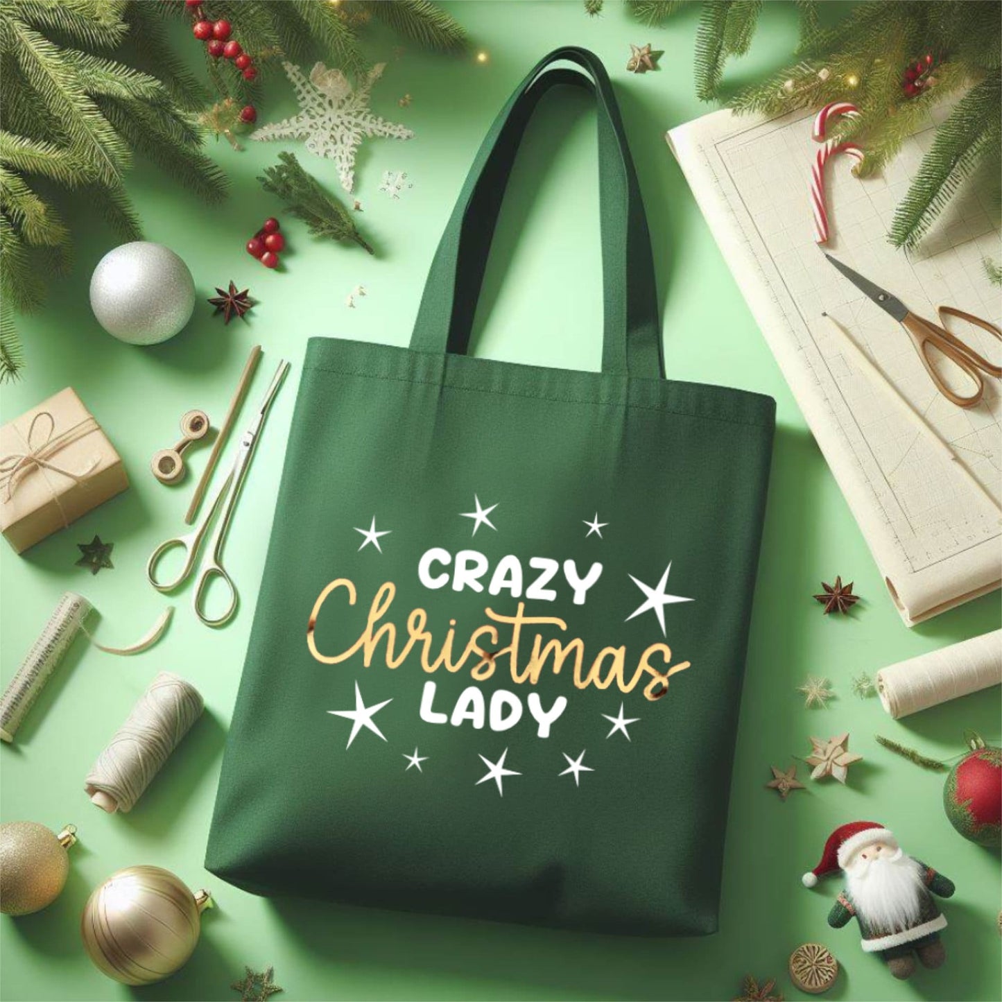 Crazy Christmas Lady Red Green Black Shopping Tote Bag