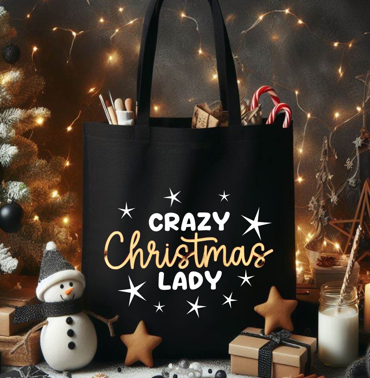 Crazy Christmas Lady Red Green Black Shopping Tote Bag