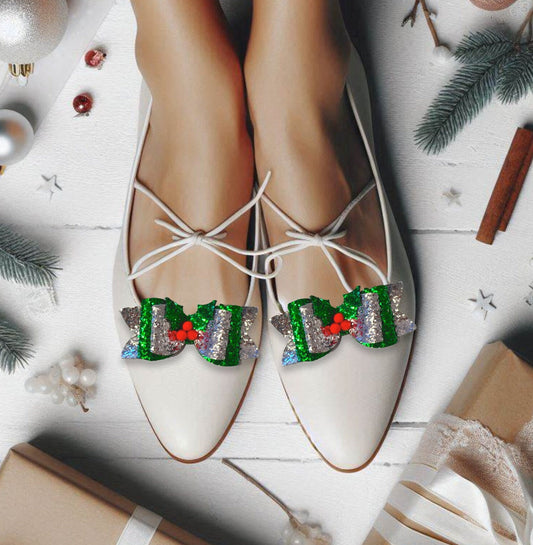 Clip on Sparkly Christmas Holly Shoe Bows