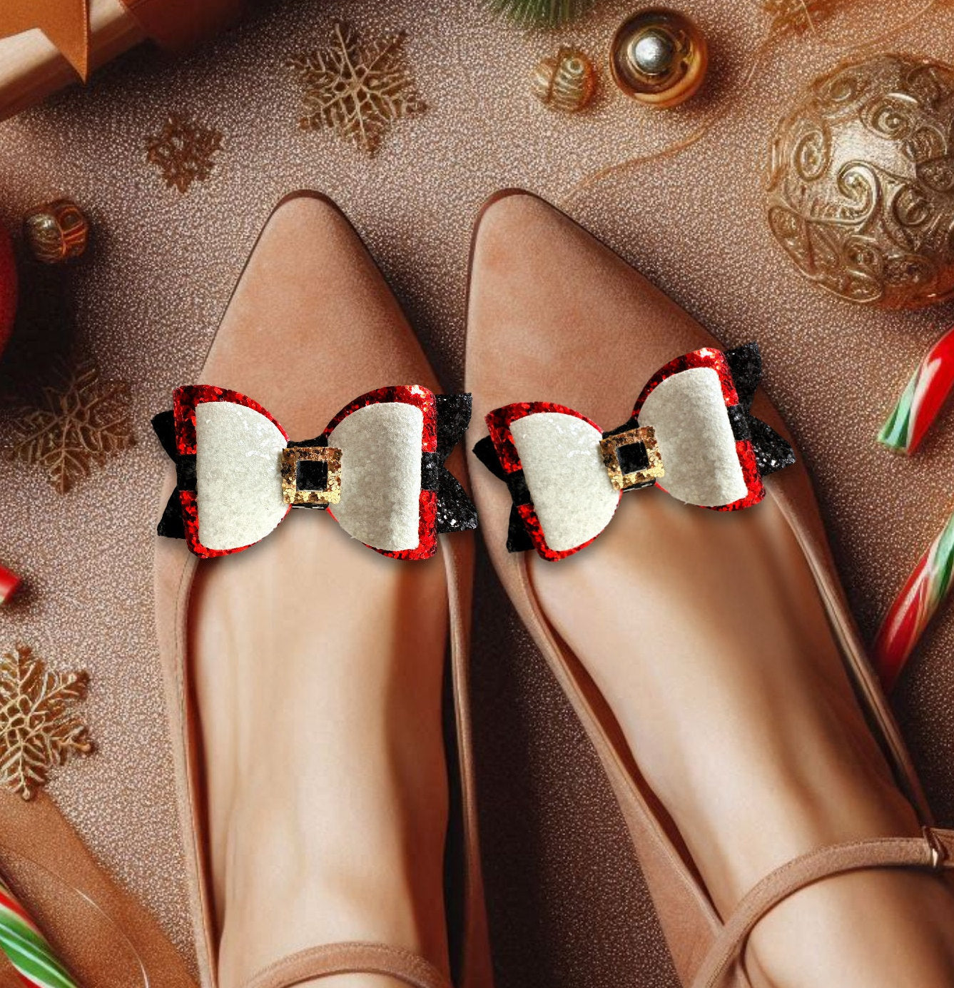 Clip on Sparkly Christmas Santa Shoe Bows (Santa Belt)