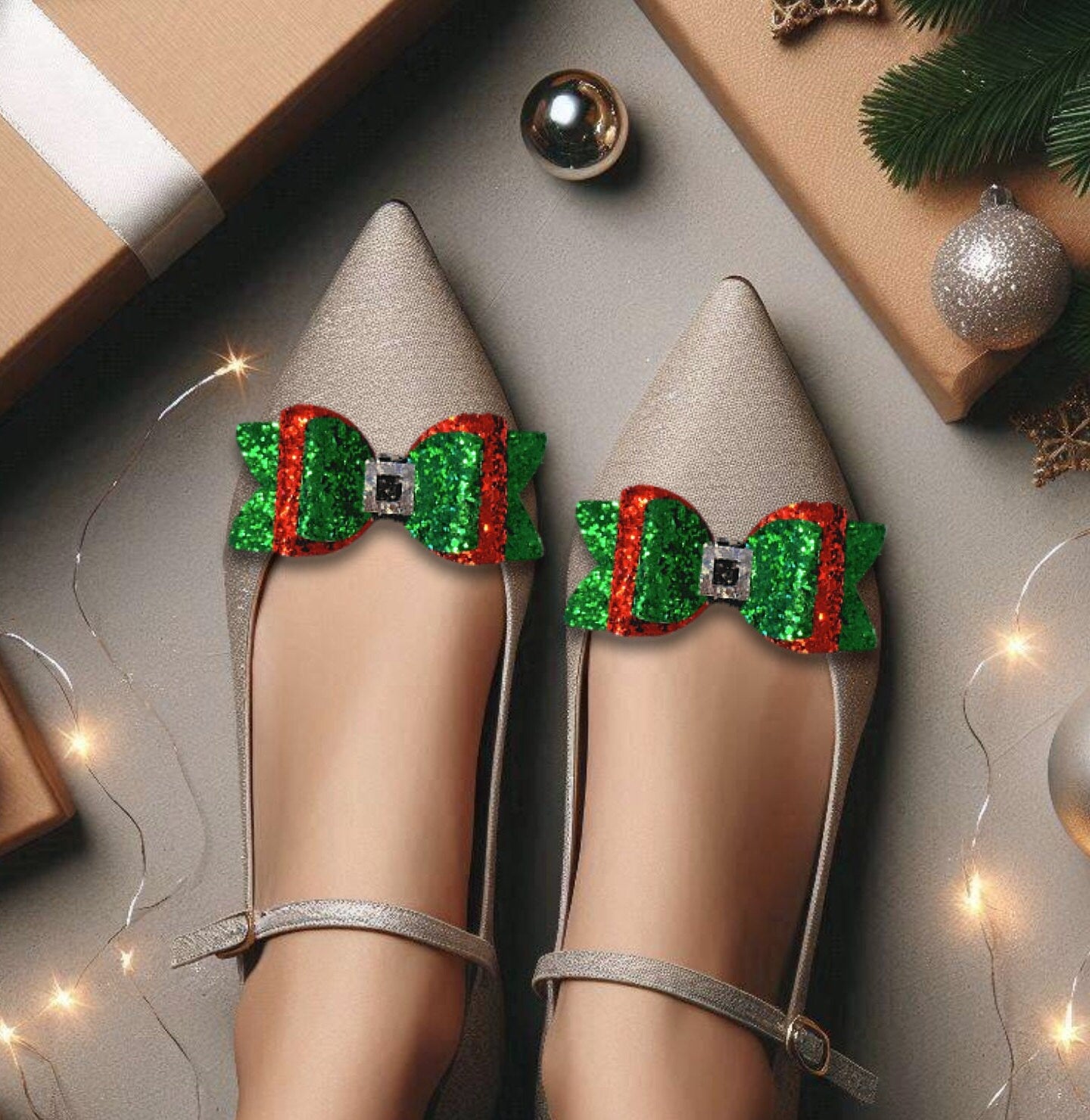 Clip on Sparkly Christmas Elf Shoe Bows