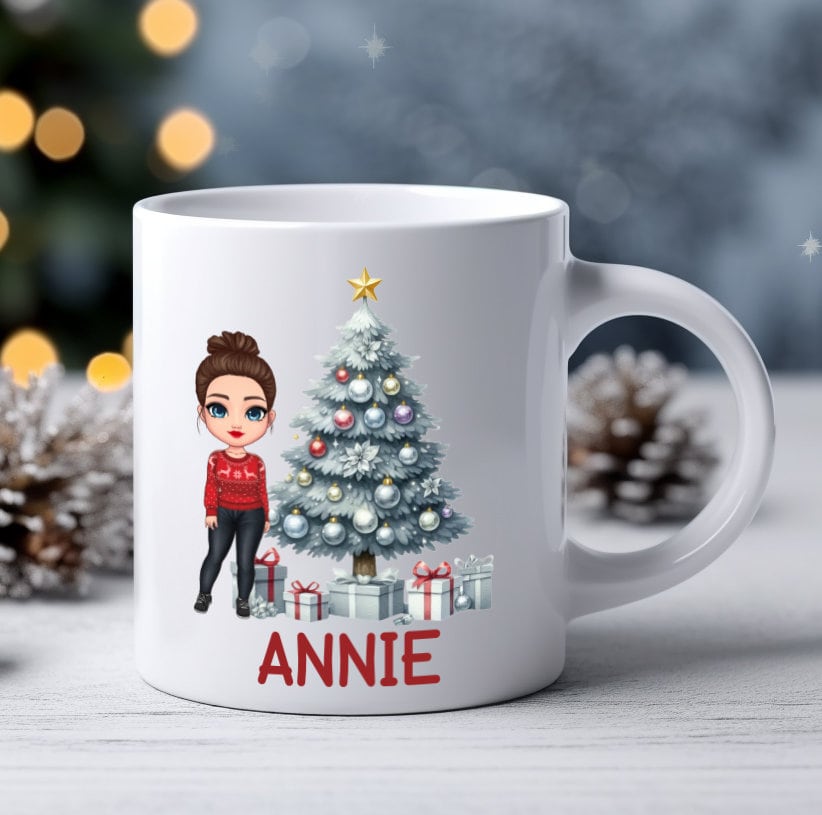 Personalised Chibi Lady Christmas Tree Mug