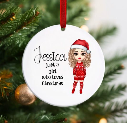 Chibi Girl Who Loves Christmas Personalised Tree Bauble/Ornament