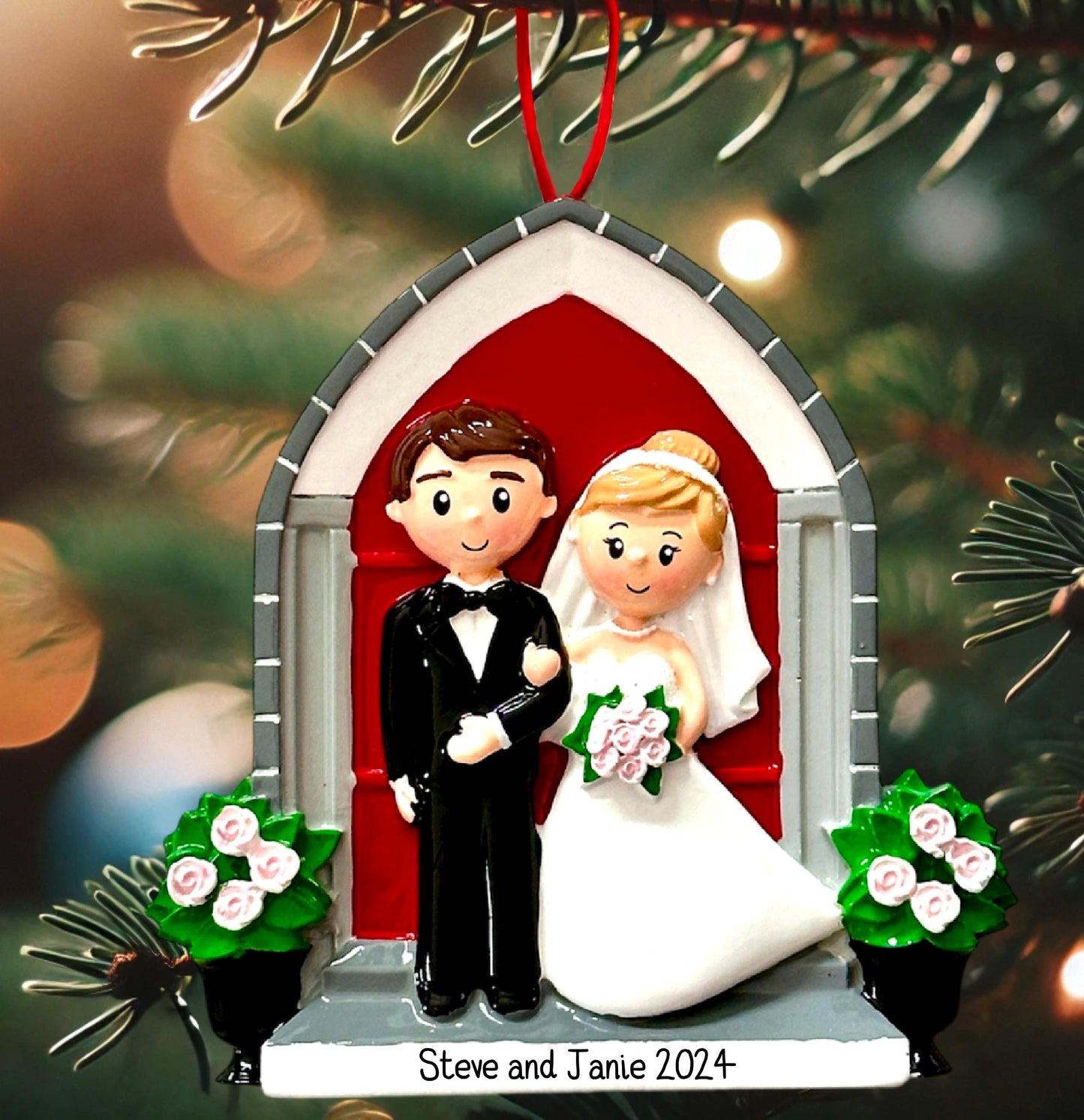 Husband & Wife Just Married Church Door Wedding Ornament Bauble