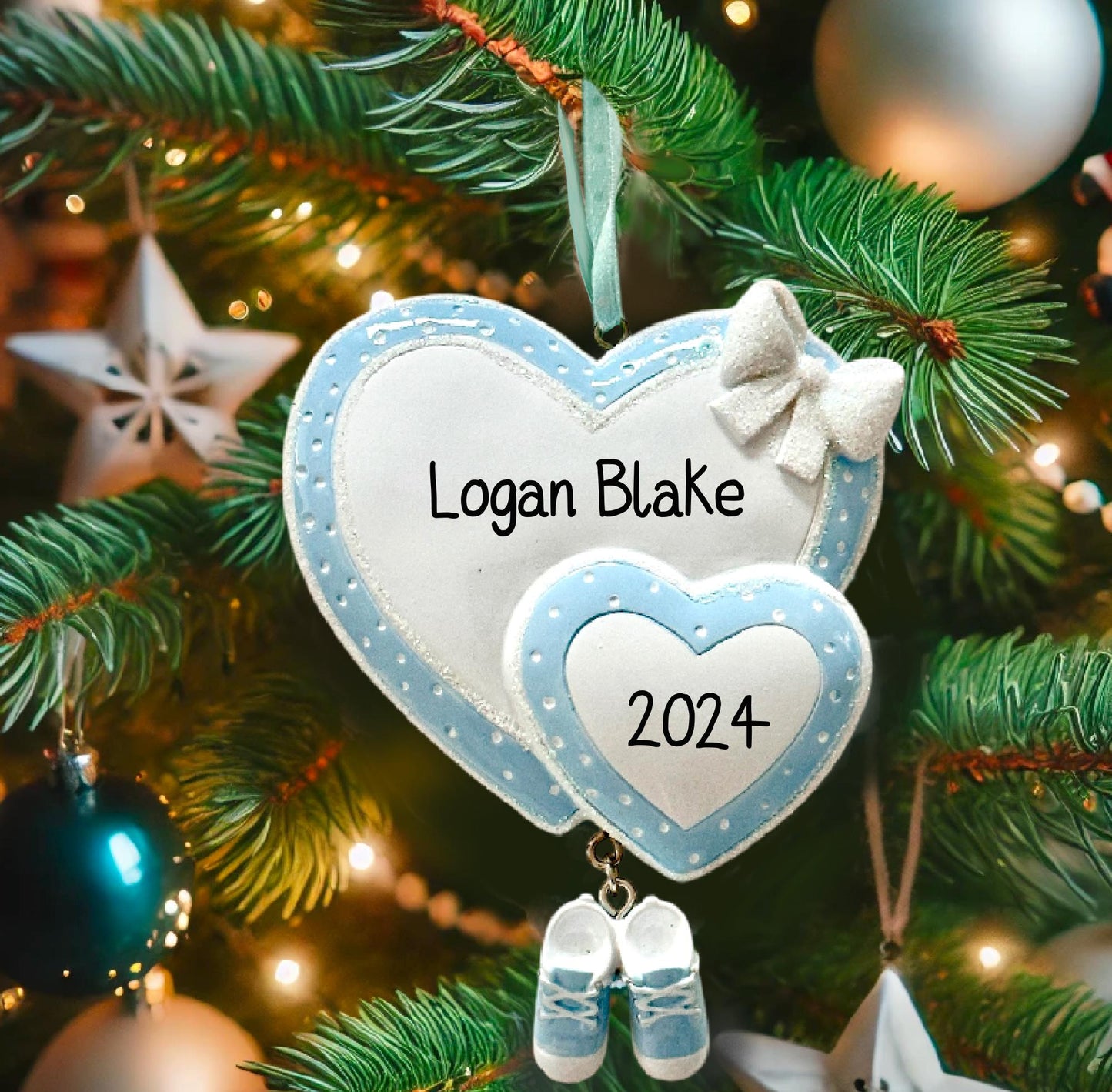 Personalised Baby’s First Christmas Heart Pink/Blue Ornament