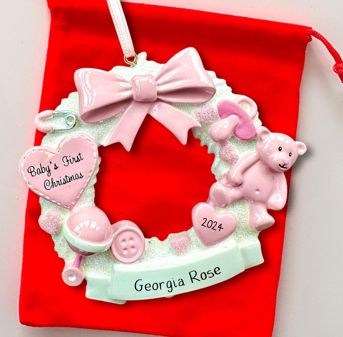 Personalised Baby’s First Christmas Ornament - Pink/Blue Wreath