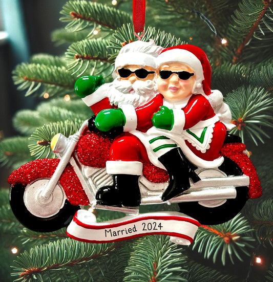 Christmas Motorbike Santa & Mrs Claus Xmas Ornament Tree Decoration