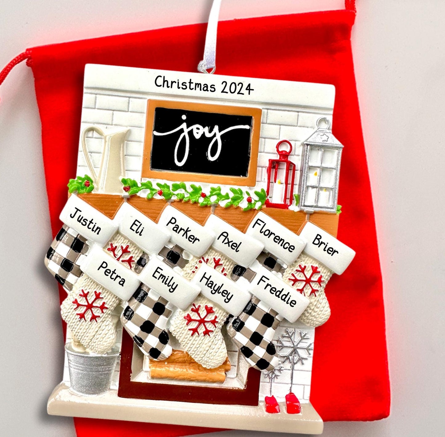 Personalised Fireplace Stocking of 10, 11, 12 Large Family Ornament