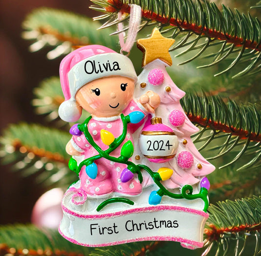 Personalised Baby’s First Christmas Tree Ornament - Pink