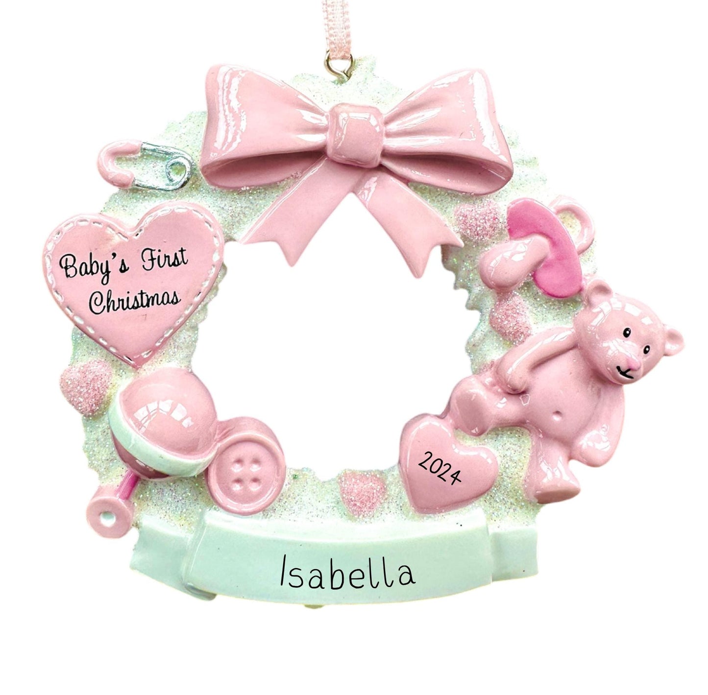 Personalised Baby’s First Christmas Ornament - Pink/Blue Wreath